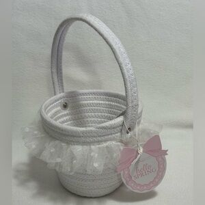 Hello Spring 6” White Fabric Cord Basket With Lace Ruffle Trim - NWT
